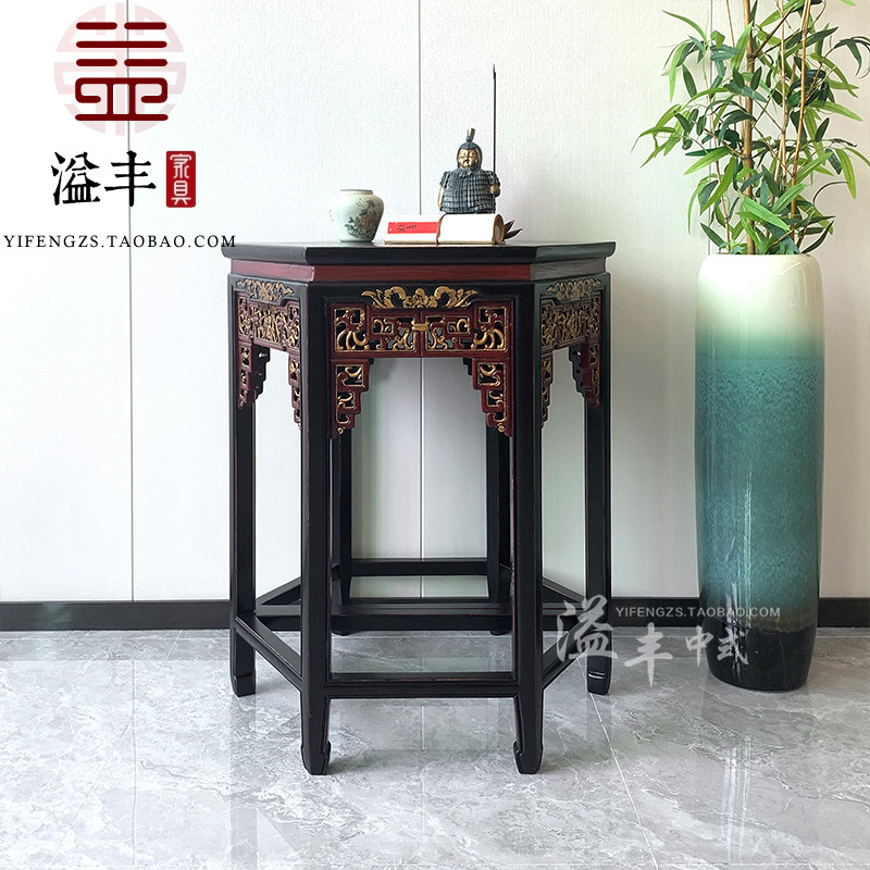 Ming Qing clássico madeira maciça esculpida plataforma mesa Hexagonal chinês antigo meio mês mesa crescente etr