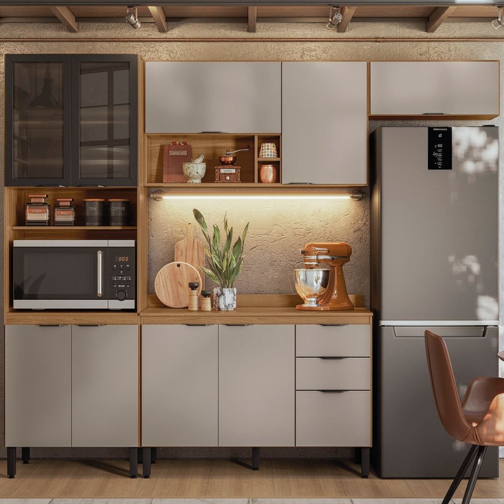 Cozinha Completa Modulada Firenze 4 Peças 10 Portas 2 Gavetas Cinza/Amendola/Nude Prime Tx
