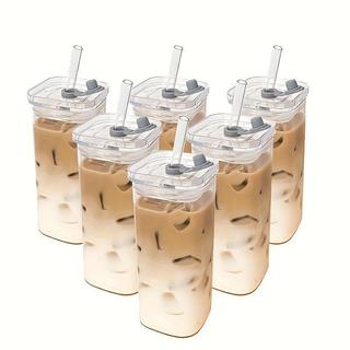 Copos de vidro DWTS DANWEITESI de 13oz com tampas de plástico e canudos de vidro, pacote com 4 unidades, copos portáteis