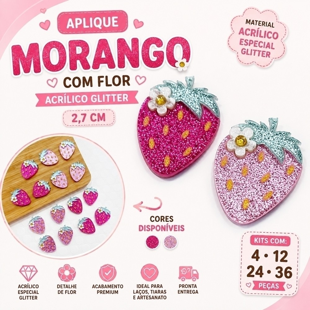Aplique Morango Glitter com Flor em Acrílico 2,7cm para Laços, Tiaras e Artesanato Pink e Rosa Kit 4, 12, 24 ou 36 Peças