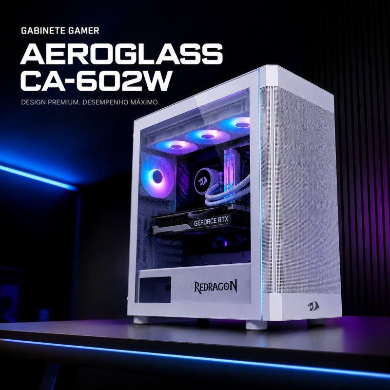 Gabinete Gamer Redragon Aeroglass CA-602W Branco Mid Tower ATX Vidro Temp USB 3.0 Mesh Suporta Water Cooler 360mm E-ATX