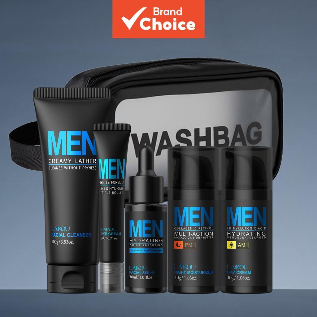 Kit 5 Em 1 Masculino LAIKOU – Lavagem Com Controle De Óleo , Essência , Creme Diurno/Noturno Para Os Olhos E Bolsa De Vi