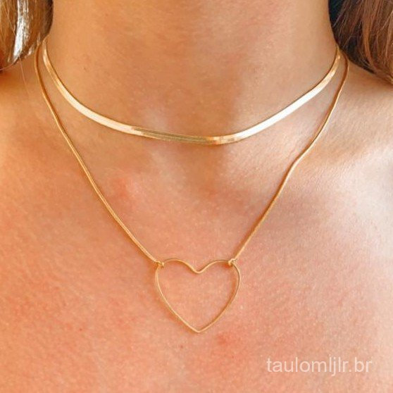 Colar feminino Coração Vazado Ouro 18k + Choker Fio Cobra laminado banhado a ouro 18k
