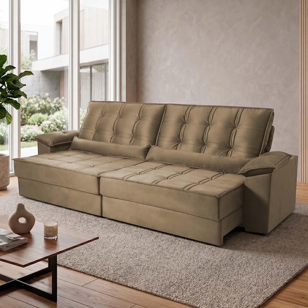Sofá Retrátil Reclinável 2,30m Ascari Suede Velut Bege molas Ensacadas - King House