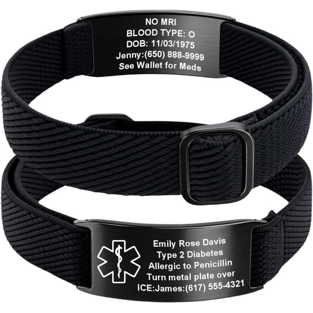 Pulseiras de Alerta Médico para Mulheres e Homens, Pulseiras de Identificação Médica Personalizadas com Gravação, Elásti