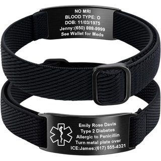 Pulseiras de Alerta Médico para Mulheres e Homens, Pulseiras de Identificação Médica Personalizadas com Gravação, Elásti