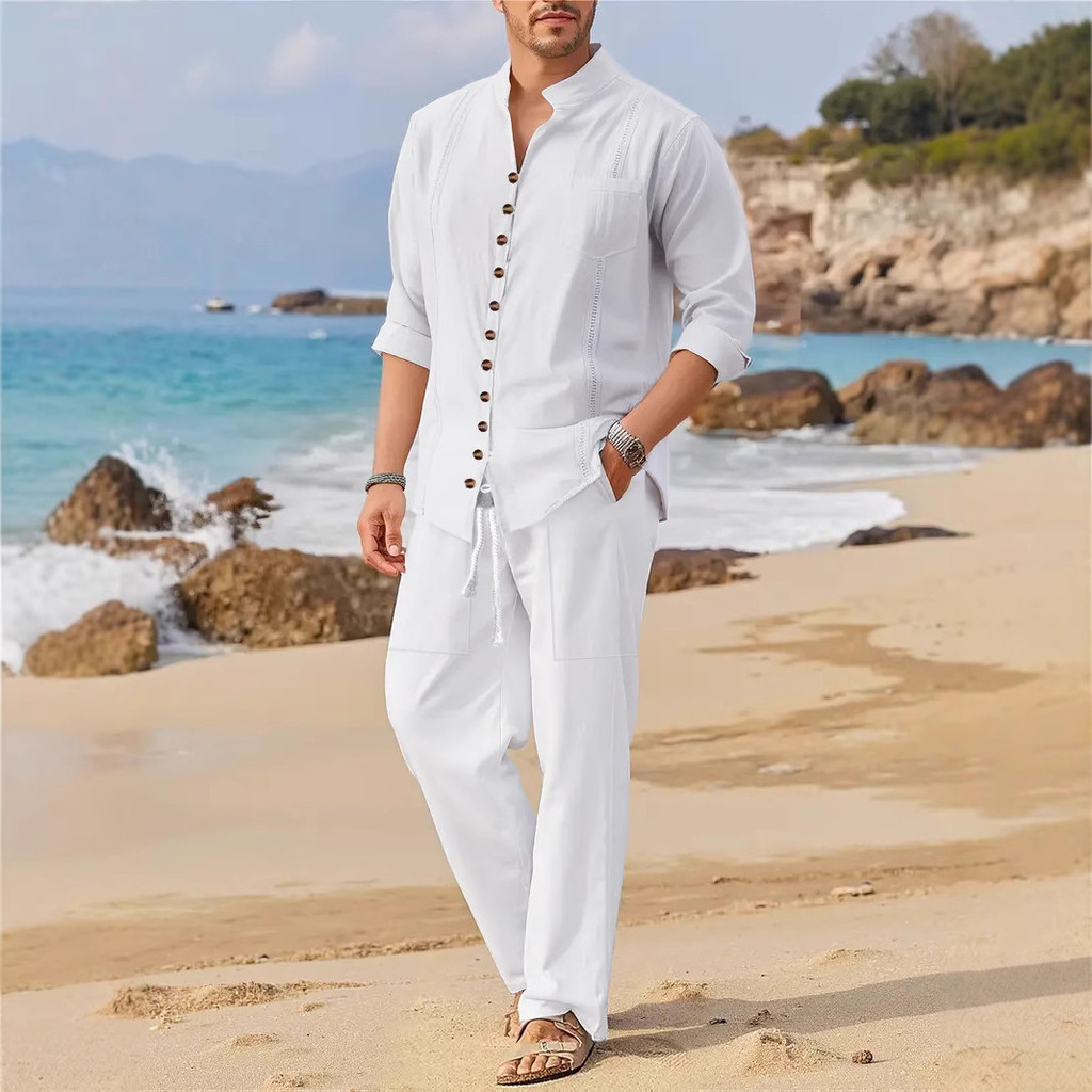 Camisa Masculina casual Solta Mangas Compridas Calças Terno De Praia