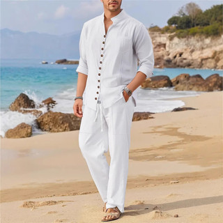 Camisa Masculina casual Solta Mangas Compridas Calças Terno De Praia