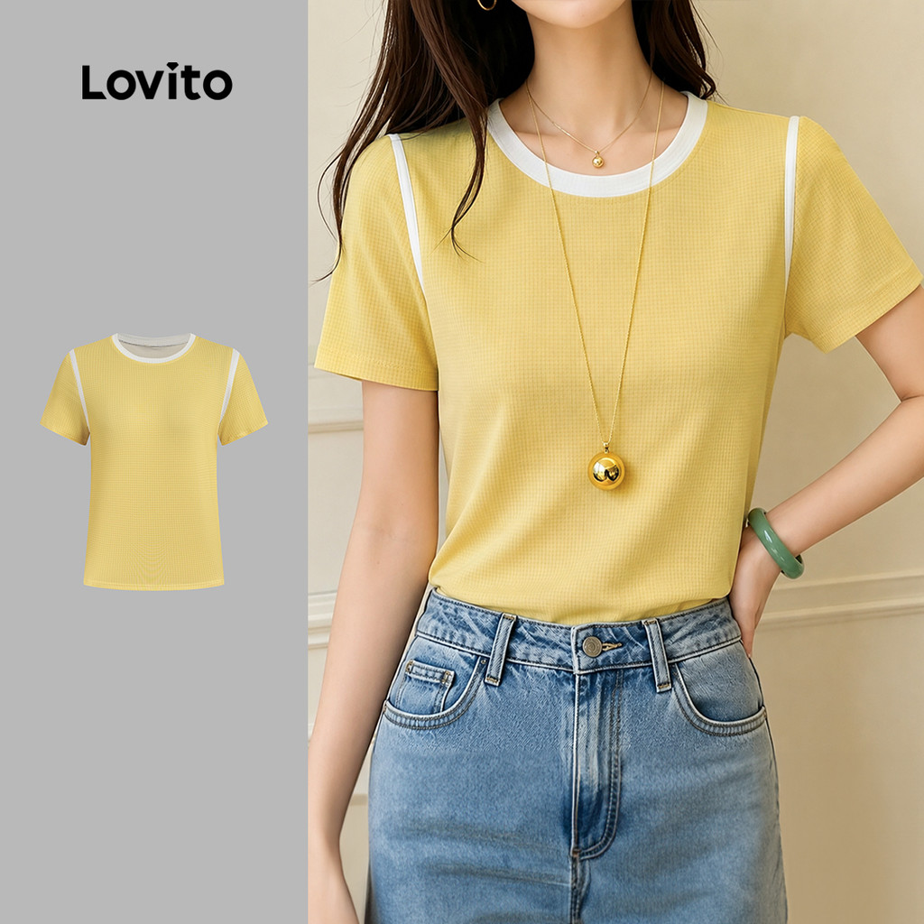 (New Arrival) Lovito Camiseta Casual em Tecido Texturizado Primavera/verão para Mulheres LK7ED862