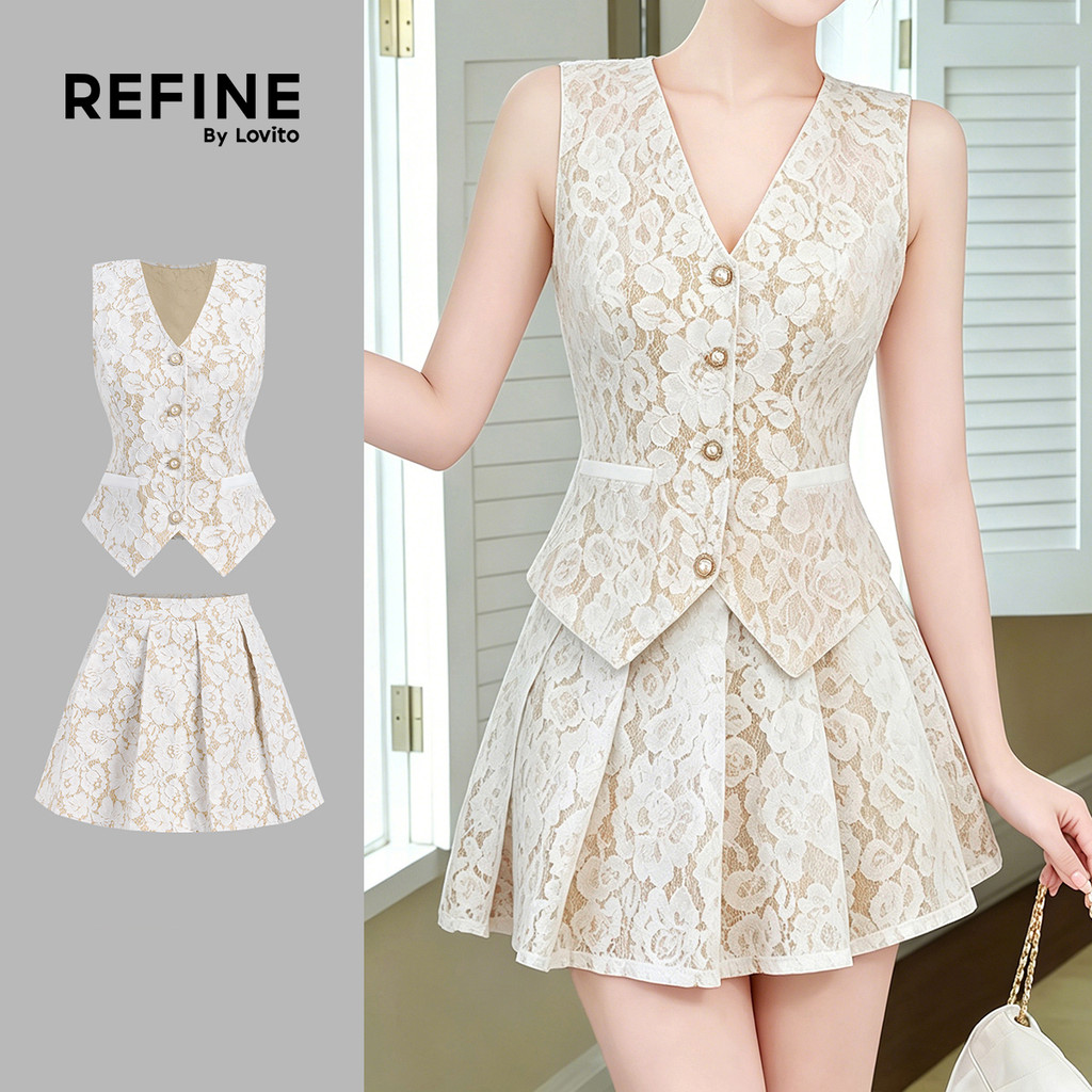(New Arrival) (Refine by Lovito) Elegantes Tops Primavera/verão Damasco Tops ou Calças para Mulheres Bordado Trabalho LR41E329