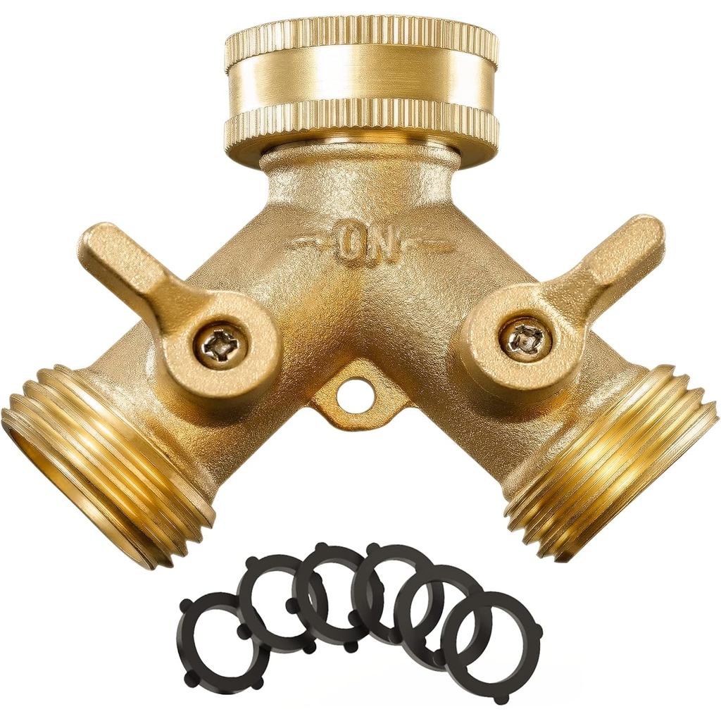 Conector Divisor de Mangueira de Jardim em Latão Maciço IPOW, 2 Vias, Resistente, com 6 Arruelas de Borracha e Empunhadu