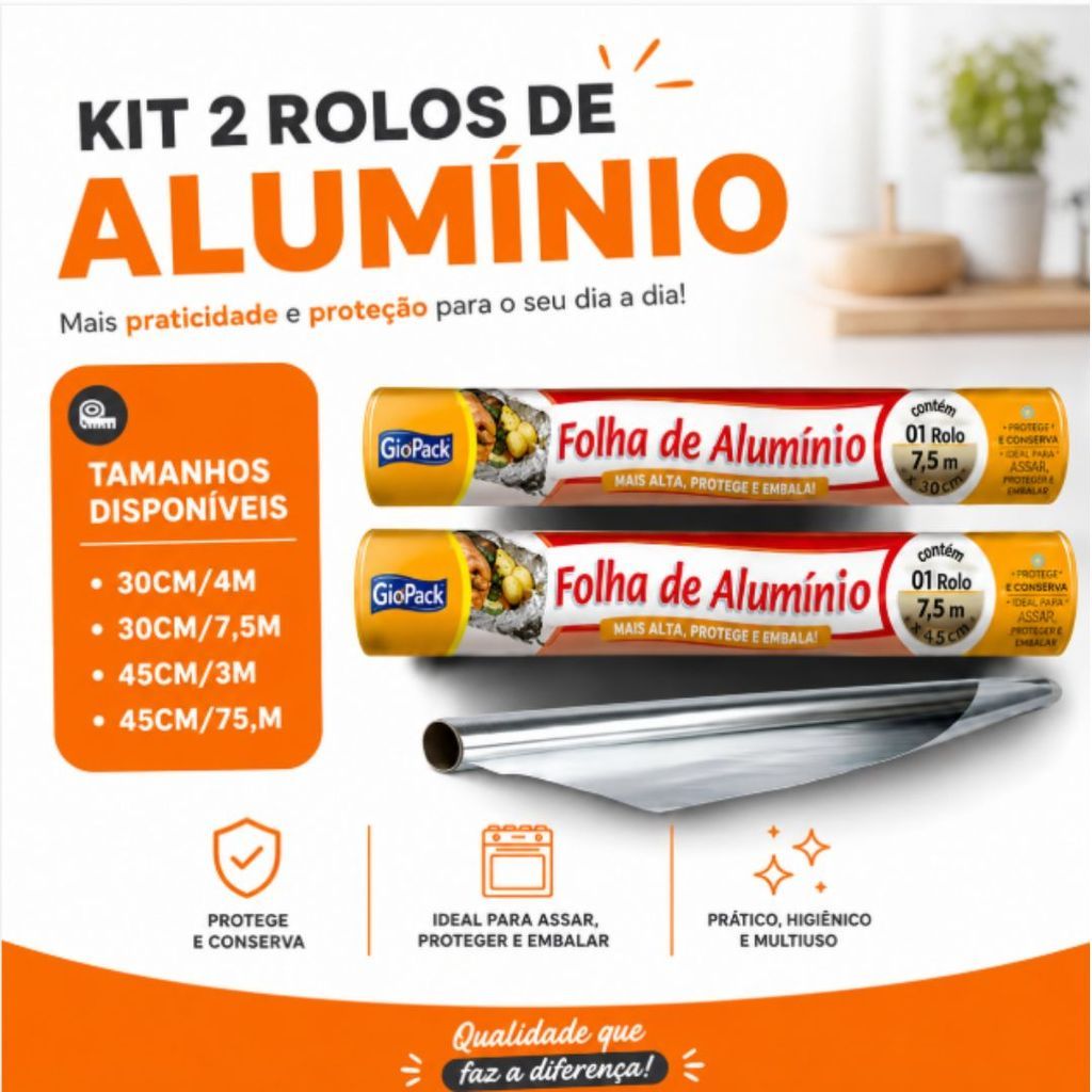 Kit 2 Rolos | Papel Alumínio Resistente p/ Cozinha e Churrasco, 30cm e 45cm, Uso Doméstico e Profissional