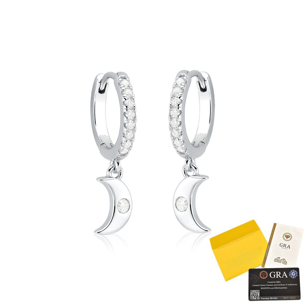 Brinco Moissanite de Prata 925 Argola com Lua Cravejada e Pendente