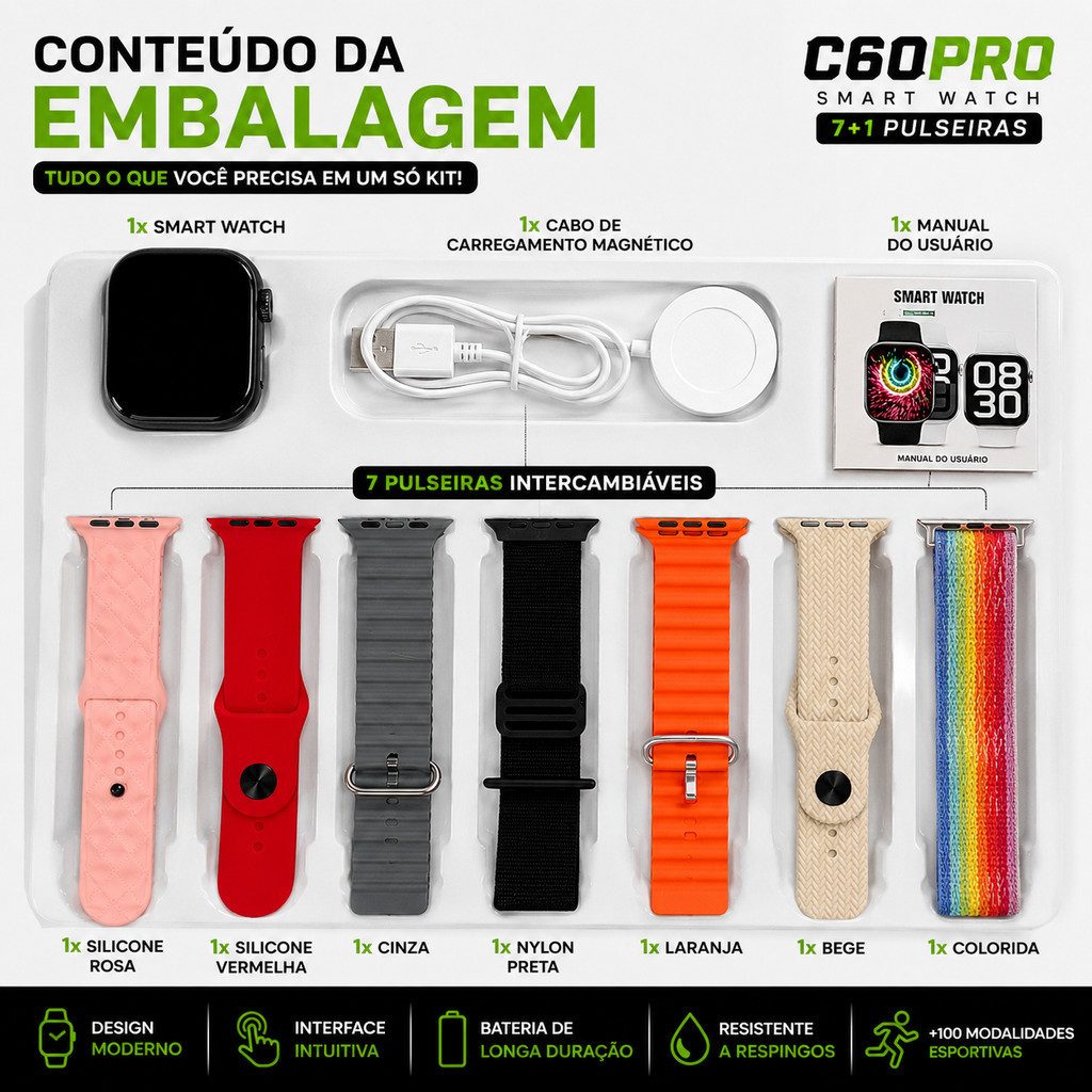 2026 Smartwatch Ultra 3 C60 49mm Tela 2.02 HD Bluetooth Chamadas Monitor Cardíaco +7 Pulseiras Extras