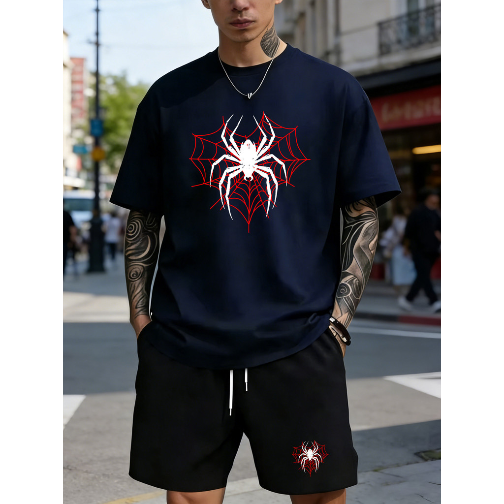Verão novo estilo exclusivo aranha impressão manga curta + Shorts terno masculino esportes de rua lazer moda ao ar livre