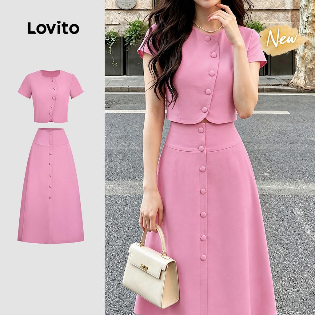 (New Arrival) Lovito Elegantes Tops ou Bottoms Assimétricos de Botão para Saia R