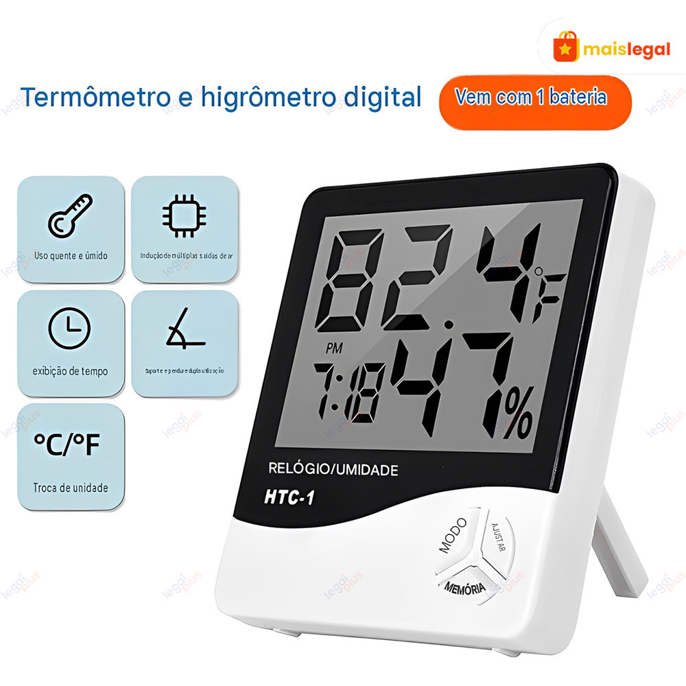 Medidor digital de temperatura e umidade termo higrômetro com registro máxima mínima relógio alarme