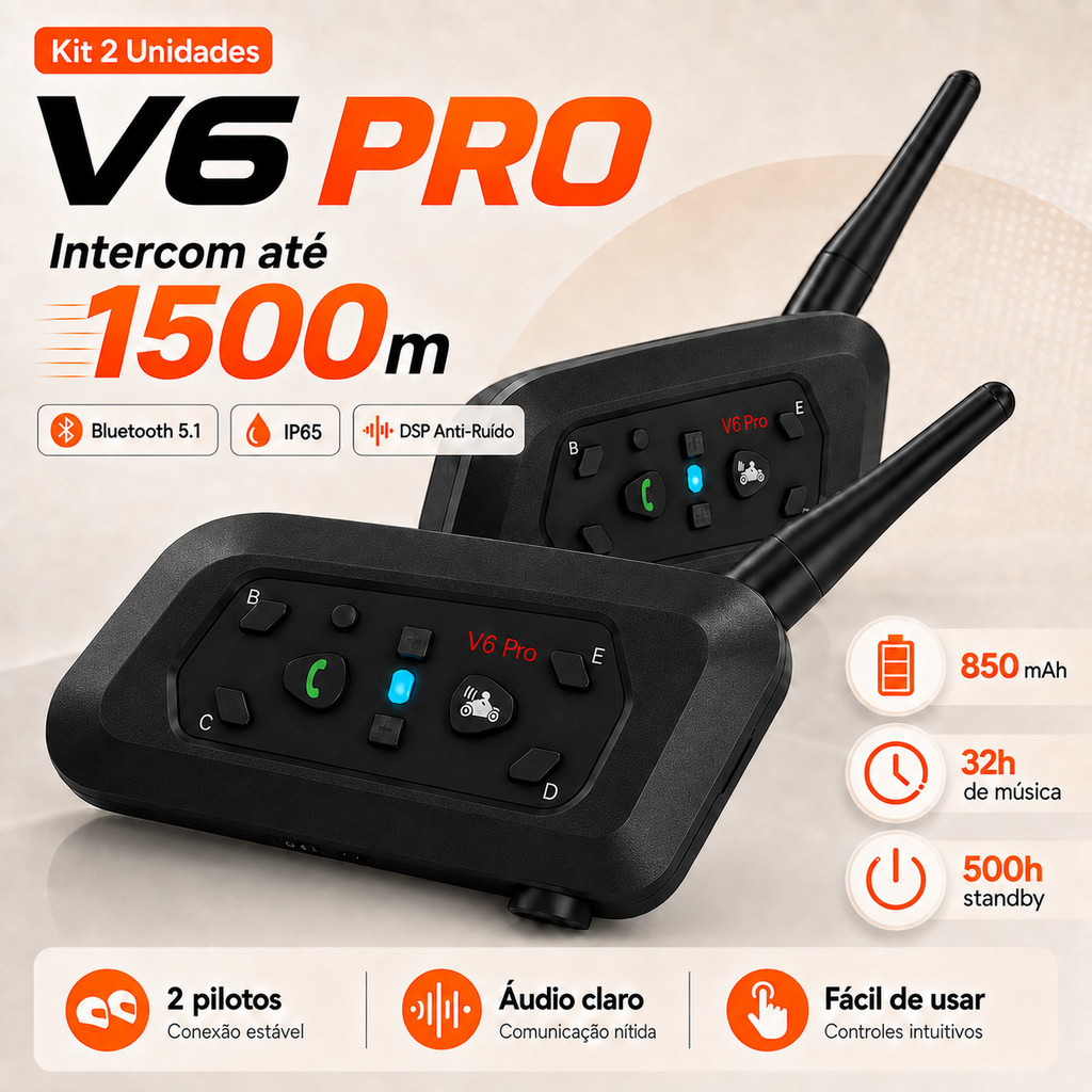 Kit 2 Intercomunicador Bluetooth Capacete Moto V6 Plus 6 Usuários 800m IP67 USB-C Longa Duração
