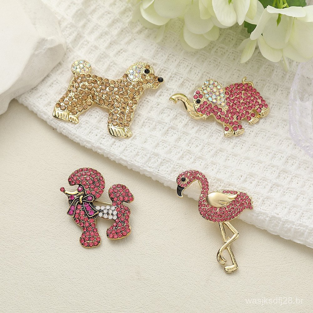 Broche de Strass Animal Elefante Flamingo Pequeno Acessório de Camisa Fixo para Roupas Femininas
