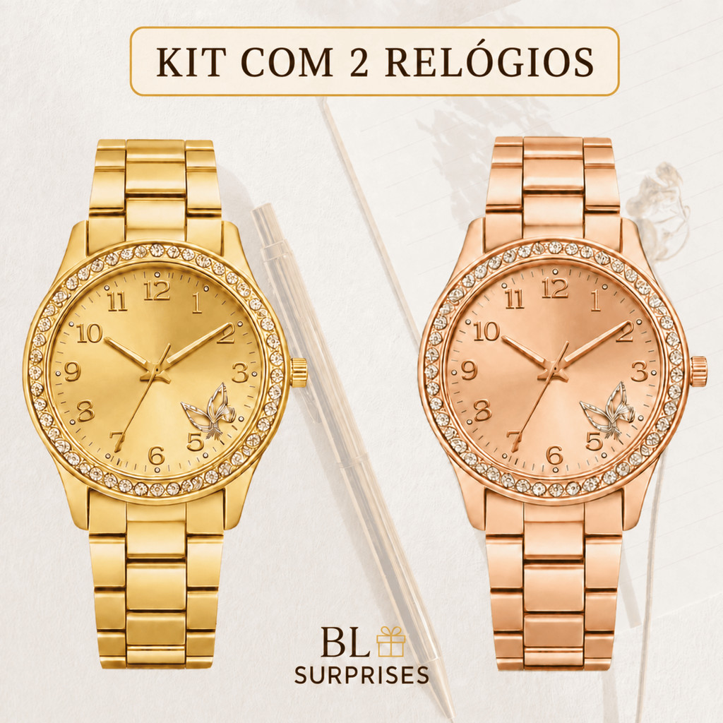 2 Relógios Femininos, Prata, Rose e Dourado Banhado a Ouro 18K Quartzo em Aço Inoxidável.