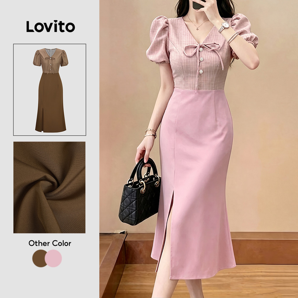 (New Arrival) Lovito Tecido de Vestido Casual com Costura de Laço Rosa Primavera