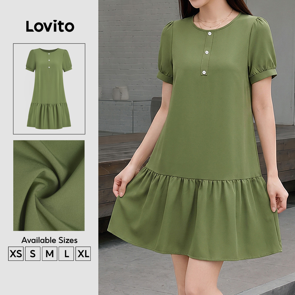 (New Arrival) Lovito Vestido Verde Para Mulheres Casual Bainha Com Babado Botões Plissado Até O Joelho Aline Primavera/Verão Fim De Semana DRB201P1D253