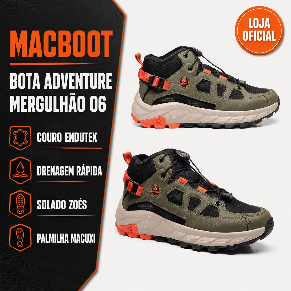 Bota Leve Unissex Adventure Cano Alto Macboot Mergulhão 06 Trilha Trekking Antiderrapante Cachoeira Vazão de Água
