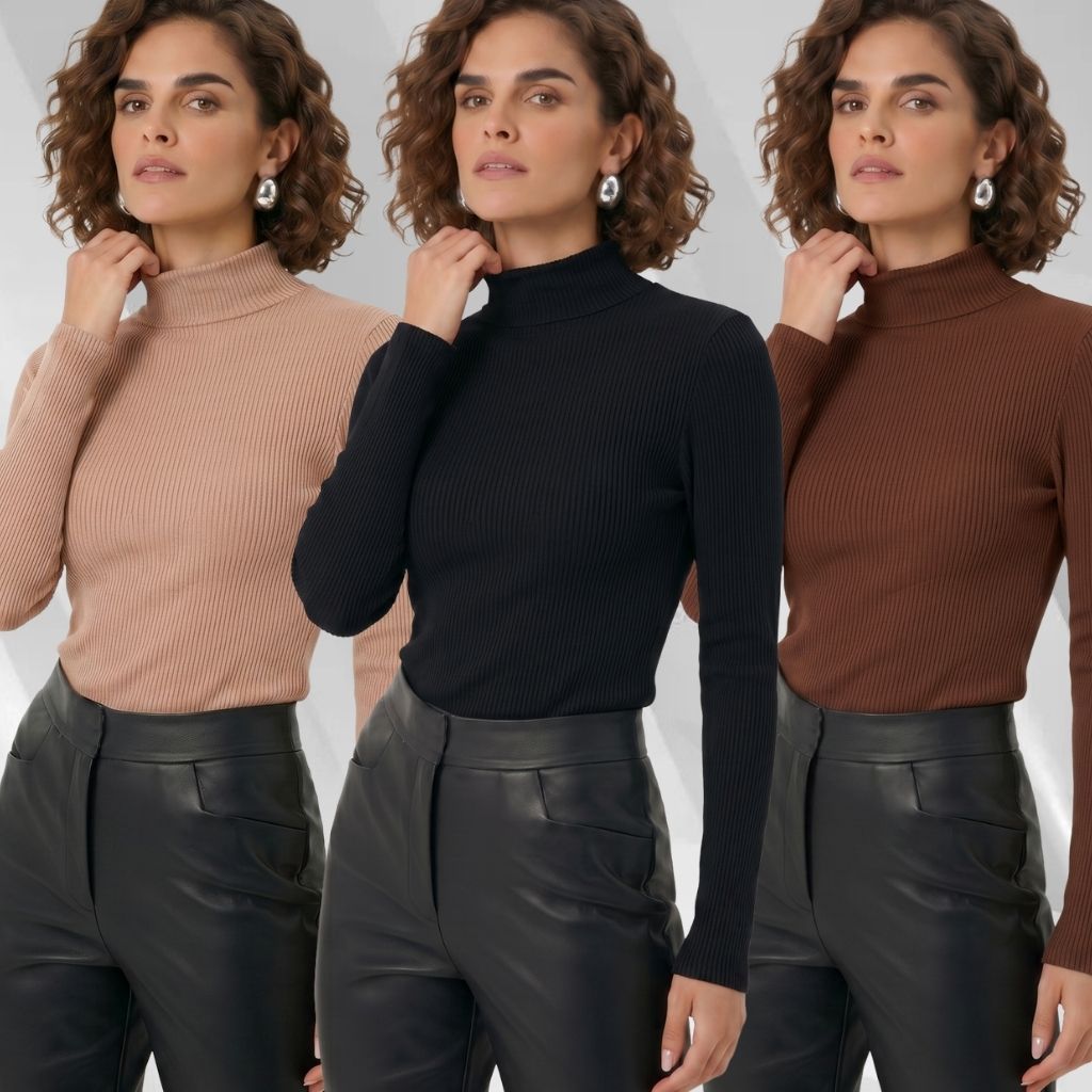 Kit 3 Blusas Cacharrel Feminina Manga Longa com Gola Alta Canelada Confortável Para o Inverno
