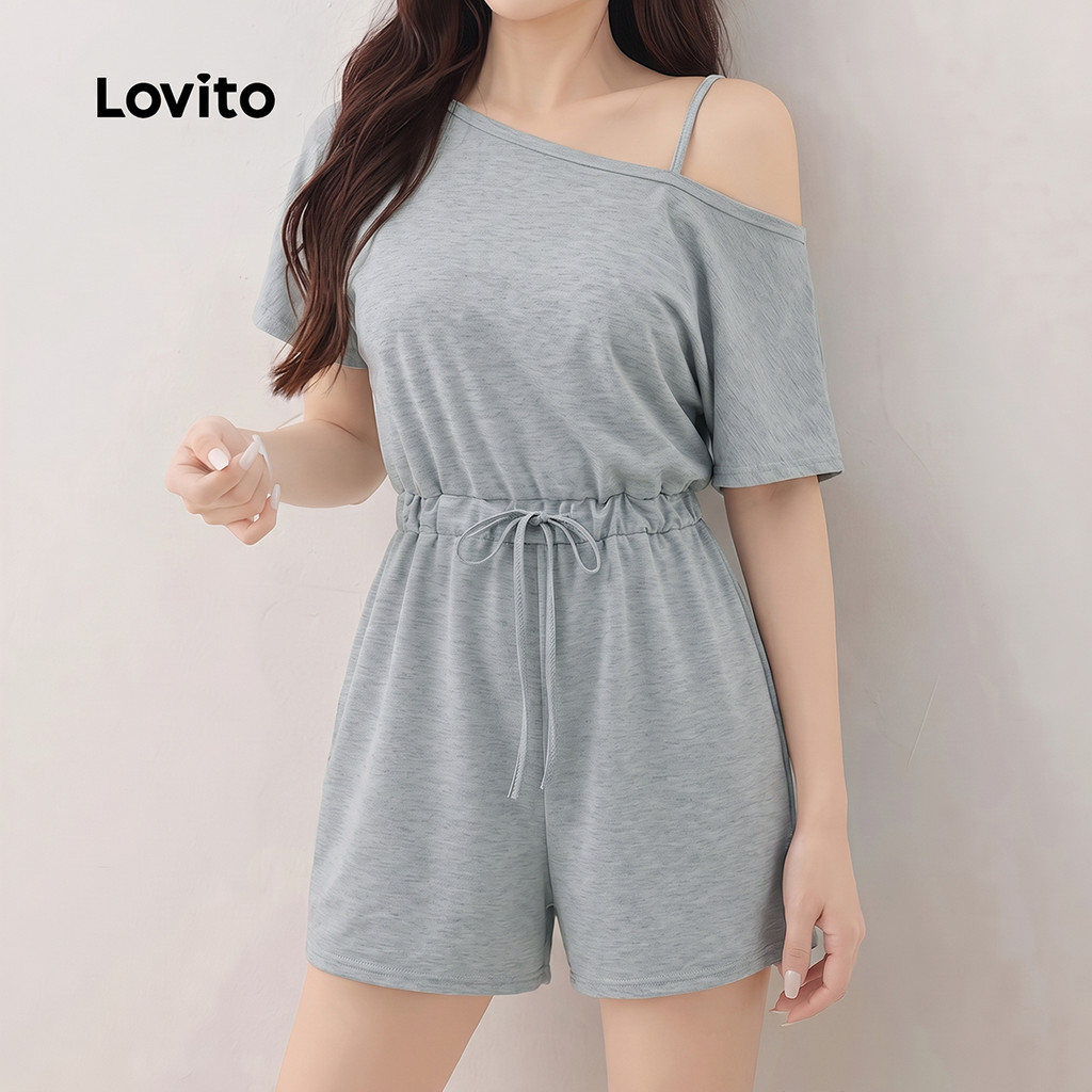 Lovito Macacão Casual com Cadarço Cinza Primavera/verão para mulheres Bordado JRK8P1D270 — imagem 2 de 2