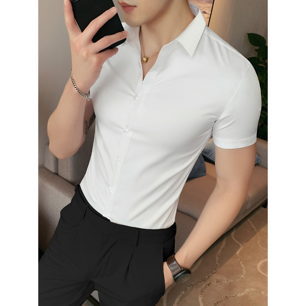 Camisa masculina de manga curta branca verão estilo fino sem costura camisa branca Slim-fit não-ferro Anti-rugas camisa 
