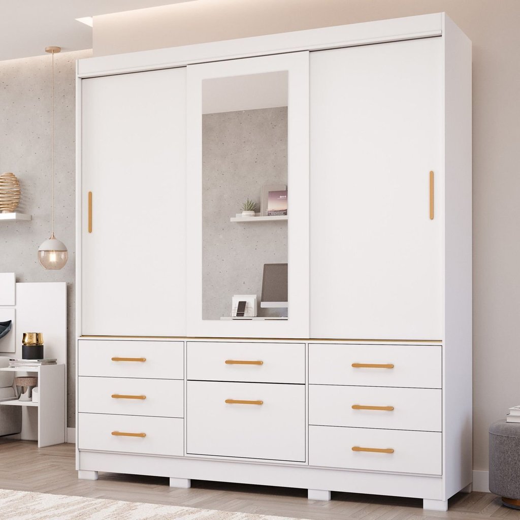 Guarda-Roupa Casal 3 Portas de Correr Espelho 7 Gavetas 1 Sapateira e 8 Pés 192cm 100% MDF Luiza Branco