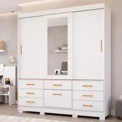 Guarda-Roupa Casal 3 Portas de Correr Espelho 7 Gavetas 1 Sapateira e 8 Pés 192cm 100% MDF Luiza Branco