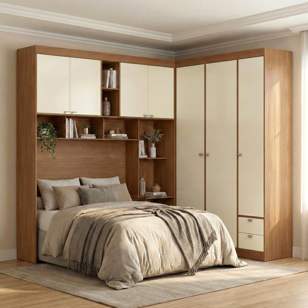 Guarda-Roupa Casal Modulado com Cabeceira e Módulo Aéreo 7 Portas 4 Gavetas Lugano Bege/Jatobá/Areia Jatoba/Areia
