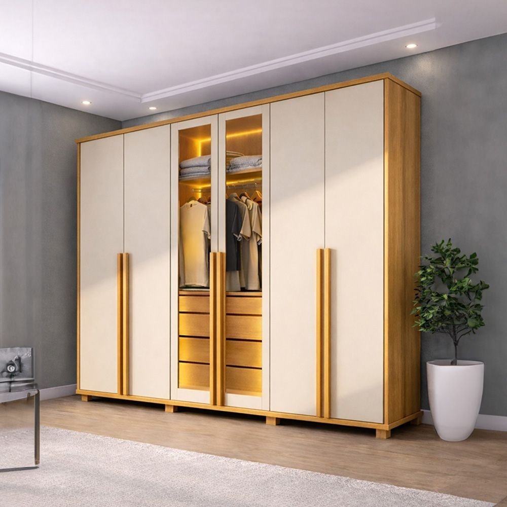 Guarda-Roupa Casal 6 Portas com LED e Vidro Reflecta 5 Gavetas Bélgica Bege/Cinamomo/Off White Cinamomo/Off White