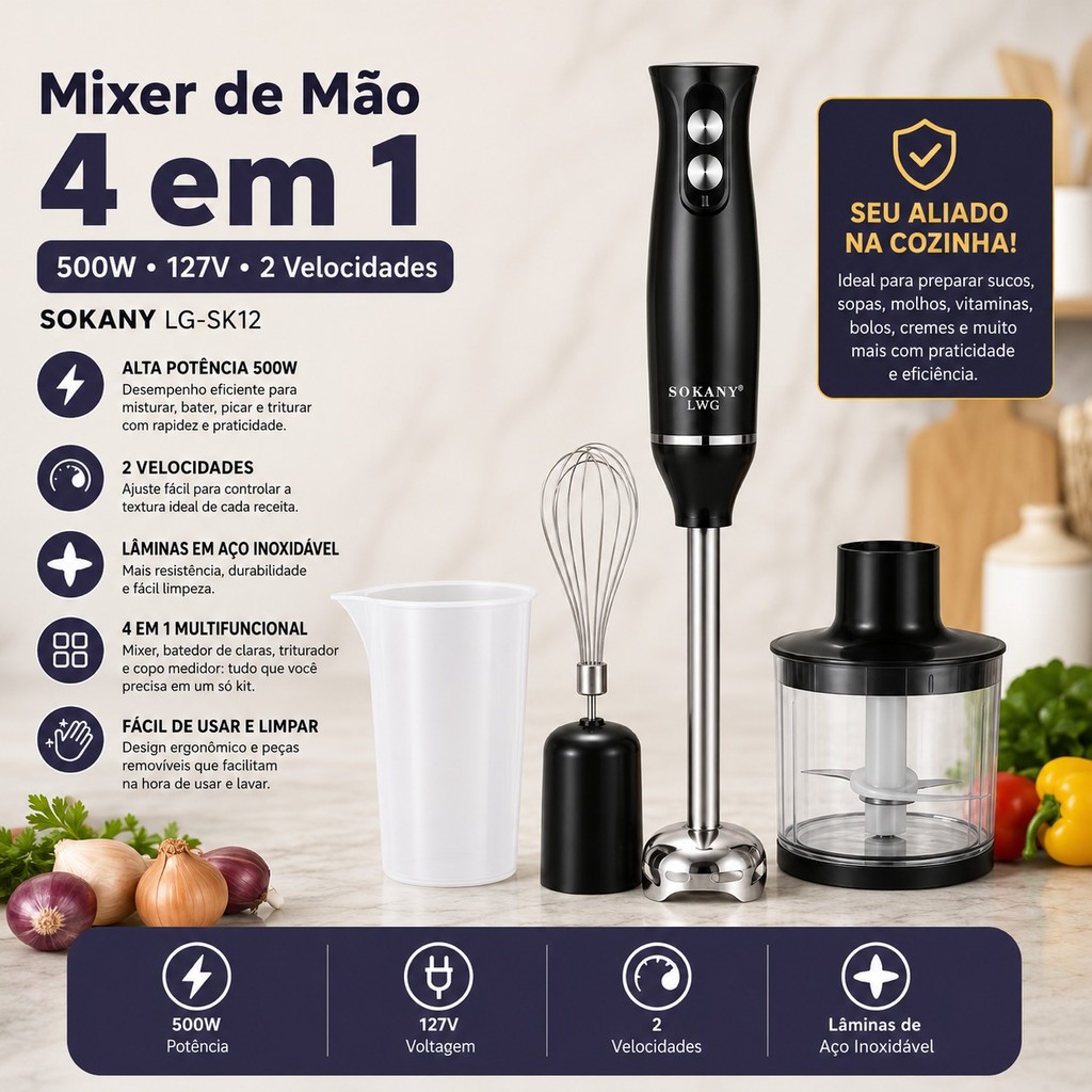 Mixer Vertical 4 em 1 com Potência de 500W para Bebidas e Alimentos