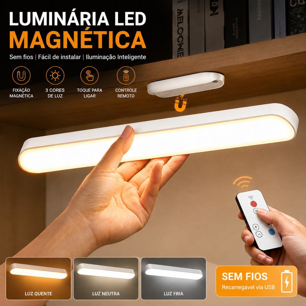 Luminária LED Magnética Touch com Controle Remoto 3 Níveis Recarregável para Armário e Cozinha