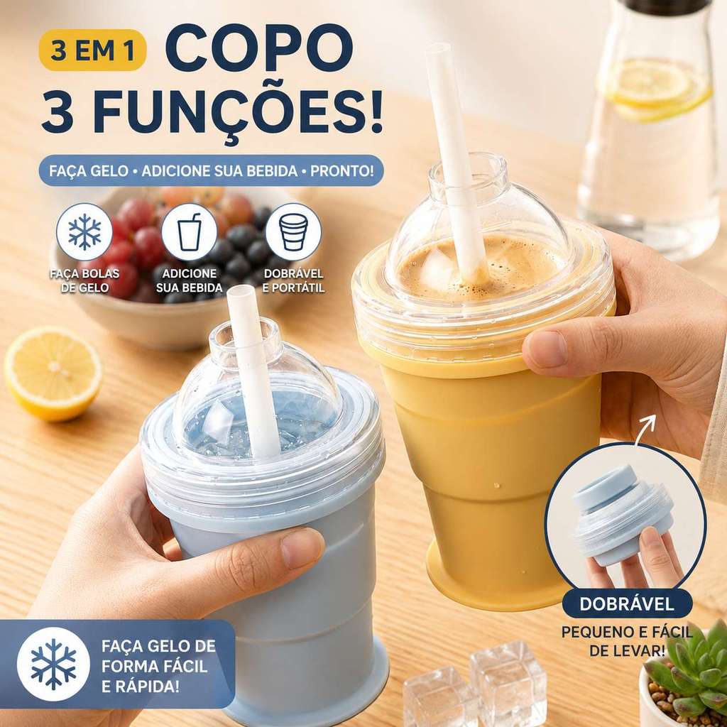 Copo com Canudo e Forma para Gelo em Esfera Reutilizável Dobrável Portátil