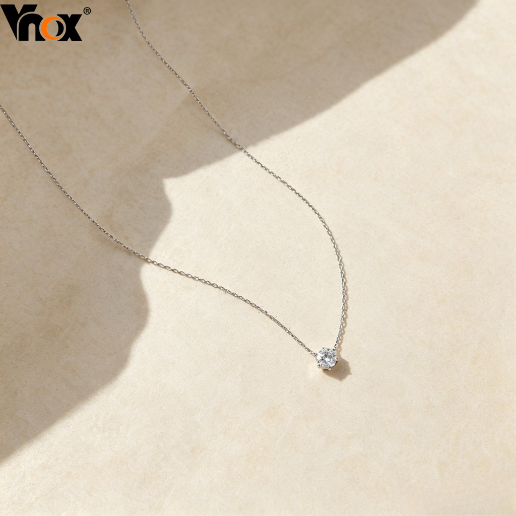 Colar Com Pingente CZ Redondo De Seis Pinos Vnox Para Mulheres , Corrente De Clavícula , Joias Da Moda Em Aço Inoxidável