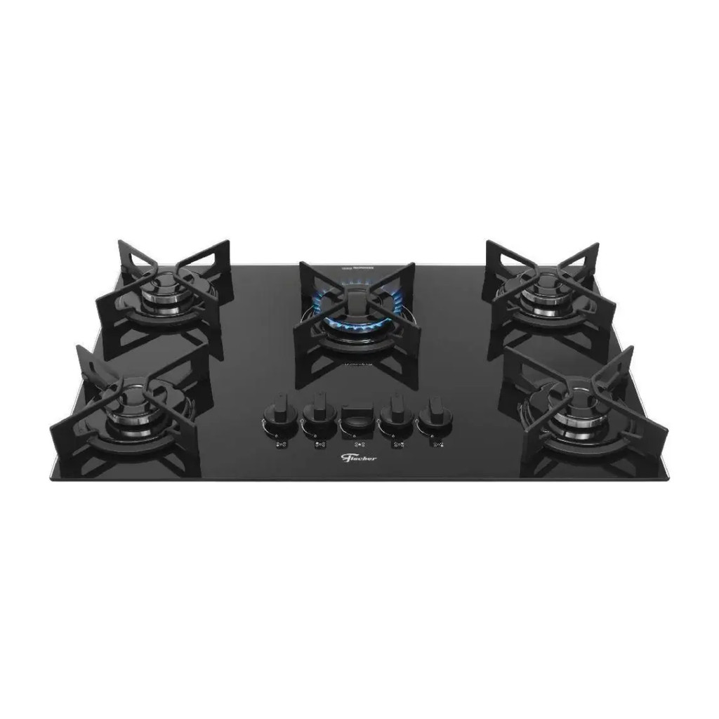 COOKTOP 5 BOCAS A GAS FISCHER VIDRO PRETO TREMPE RAPIDA IRON