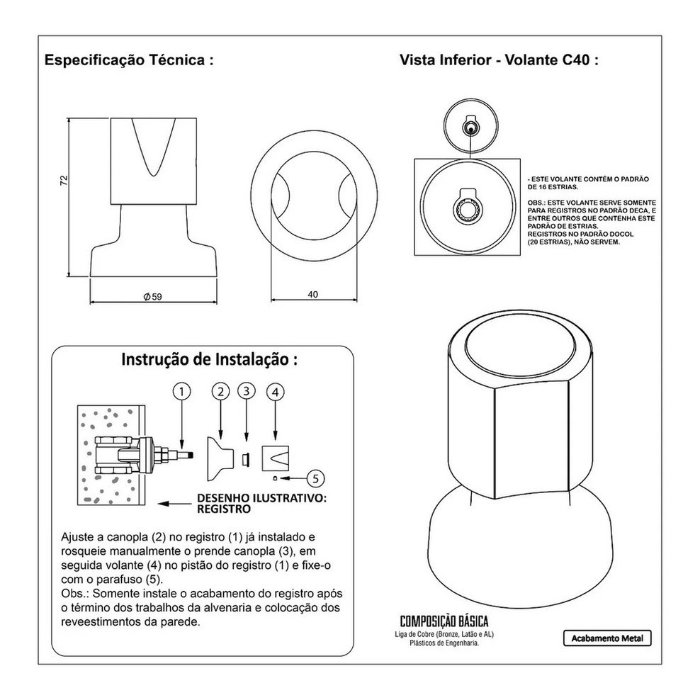 Kit Reparo Salva Registro Pressão Chuveiro 7x1 Universal C40 Acabamento Cromado 16 Estrias Metal — imagem 2 de 2