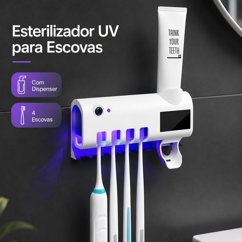 Esterilizador UV de Escovas com Dispenser de Pasta Suporte para 4 Escovas Sem Furo Banheiro