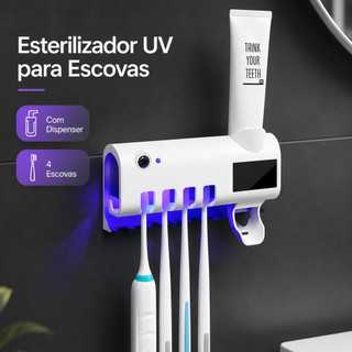 Esterilizador UV de Escovas com Dispenser de Pasta Suporte para 4 Escovas Sem Furo Banheiro