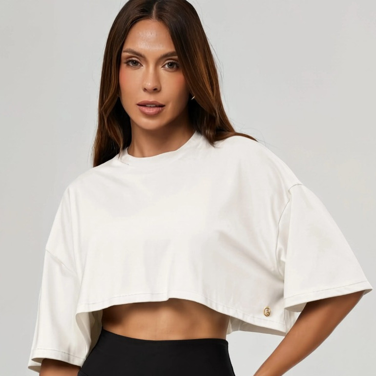 Cropped Oversized Feminino Liso 30.1 Algodão Camiseta Blusa Básica Casual Academia Confortável Moda Feminina Dia a Dia
