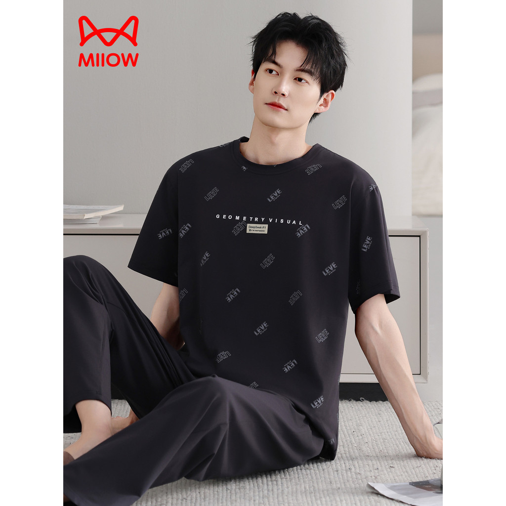 Pijama de gato masculino verão imitação Modal algodão seda calças de manga curta masculino tamanho grande estilo fino se
