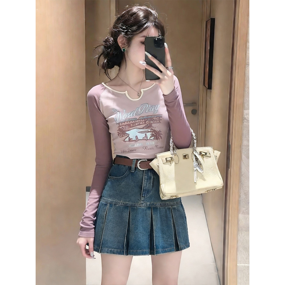 Coreano menina estilo temperamento dos desenhos animados impresso manga comprida camiseta feminina primavera outono esti