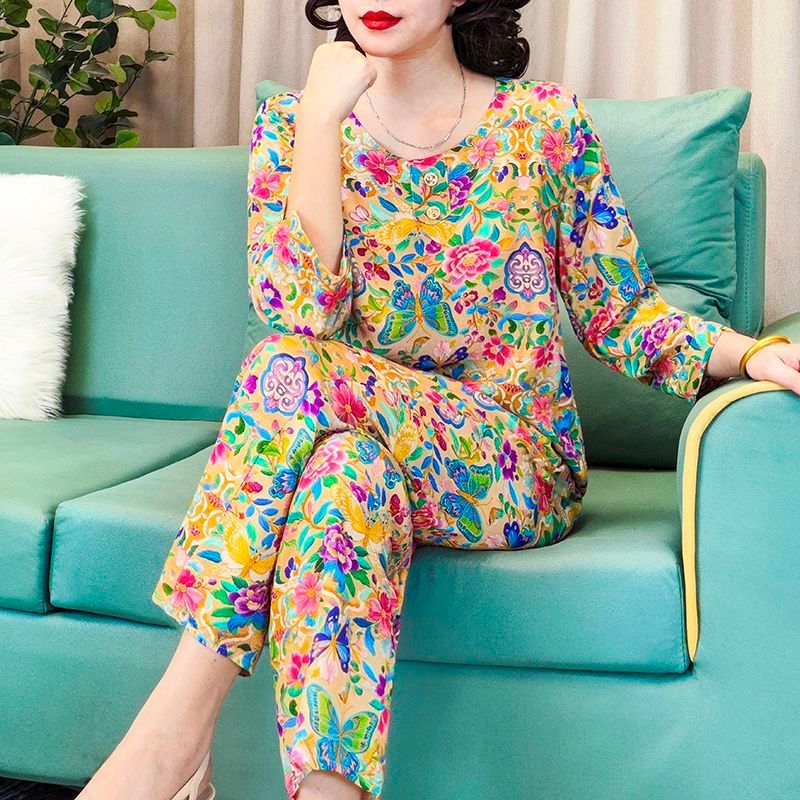 Solto mãe usar algodão seda Loungewear feminino de meia-idade idosos pijamas de algodão Artificial conjunto verão estilo