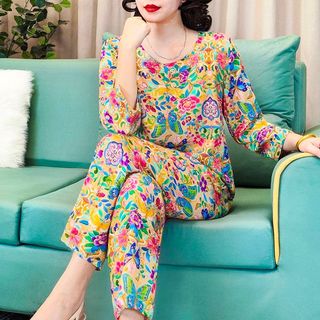 Solto mãe usar algodão seda Loungewear feminino de meia-idade idosos pijamas de algodão Artificial conjunto verão estilo