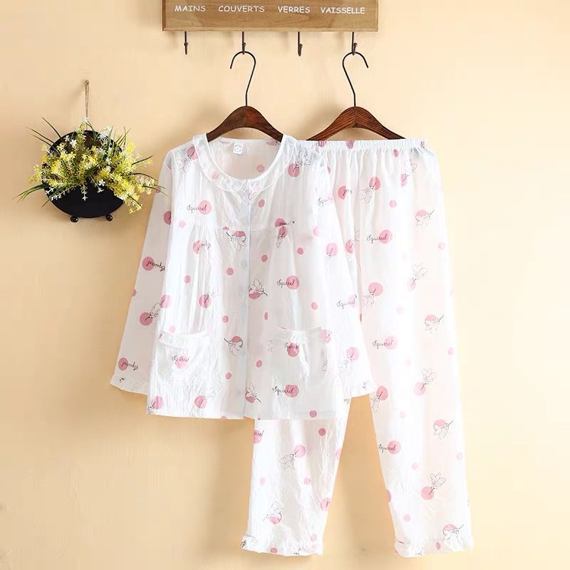 Estilo japonês lavado pano pijamas feminino verão fino manga comprida limão bonito pouco algodão Artificial Loungewear c
