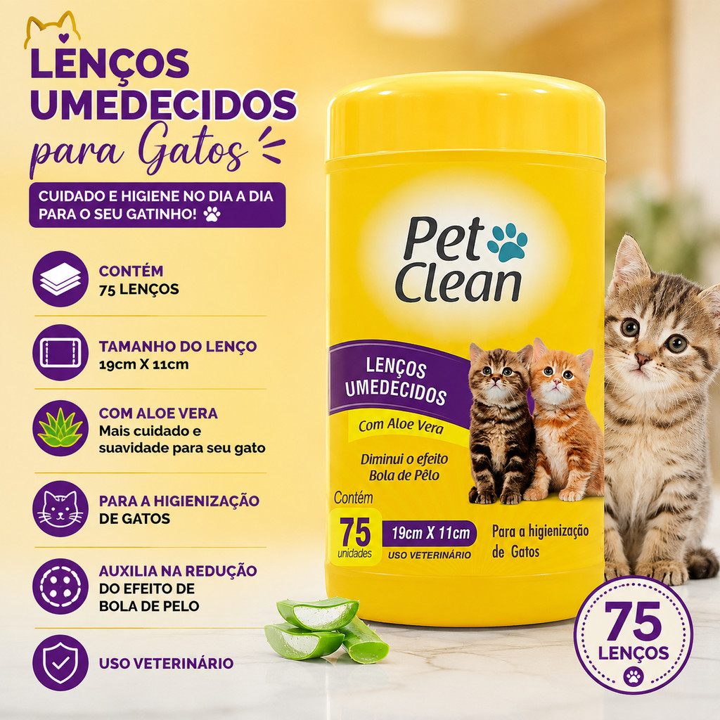 Toalha Lenço Umedecido Para Gatos Pet Pote com 75 Unidades Sem Alcool Pet · foto 2