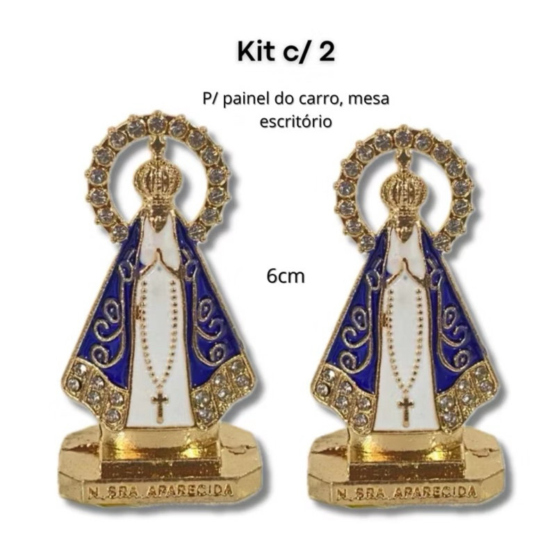 Kit 2 Imagens Nossa Senhora Aparecida Metal com Resplendor P/ Carro, Mesa, Escritório